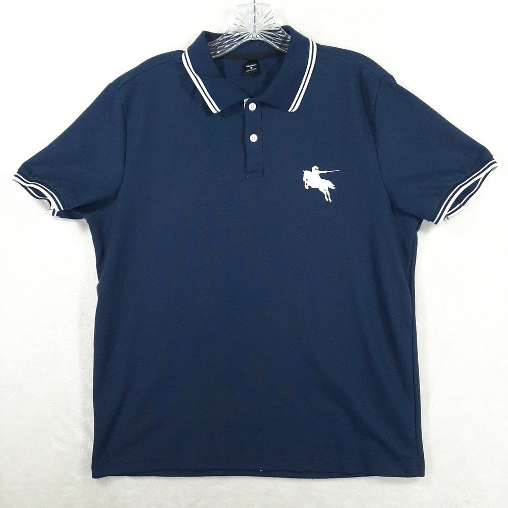 Manfinity Mens Navy Blue Polo Shirt Medium Equestrian Logo Short‎ Sleeve Tipped